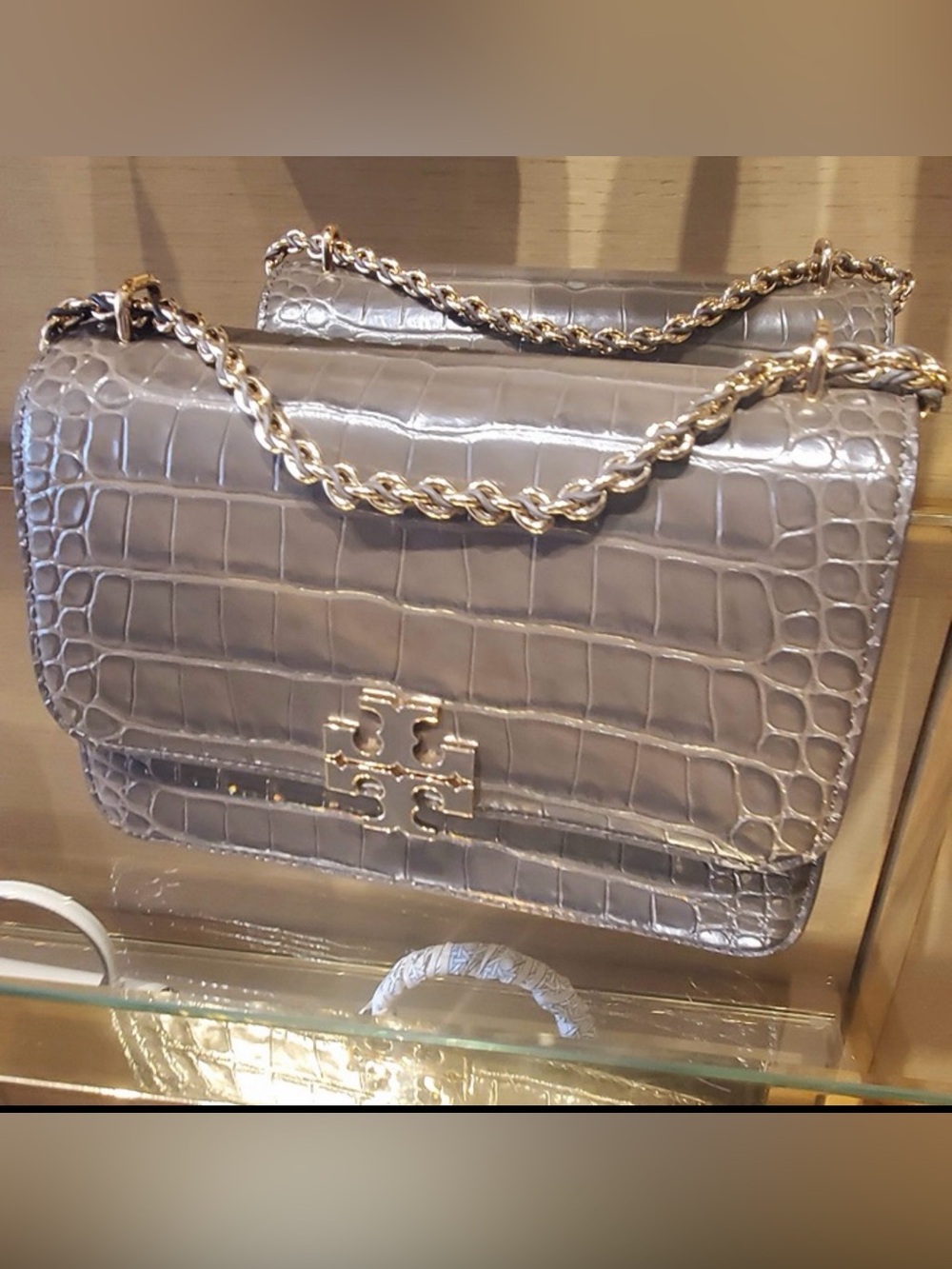 Tory Burch Taupe Croc-Embossed Shoulder Bag with Gold Chain
